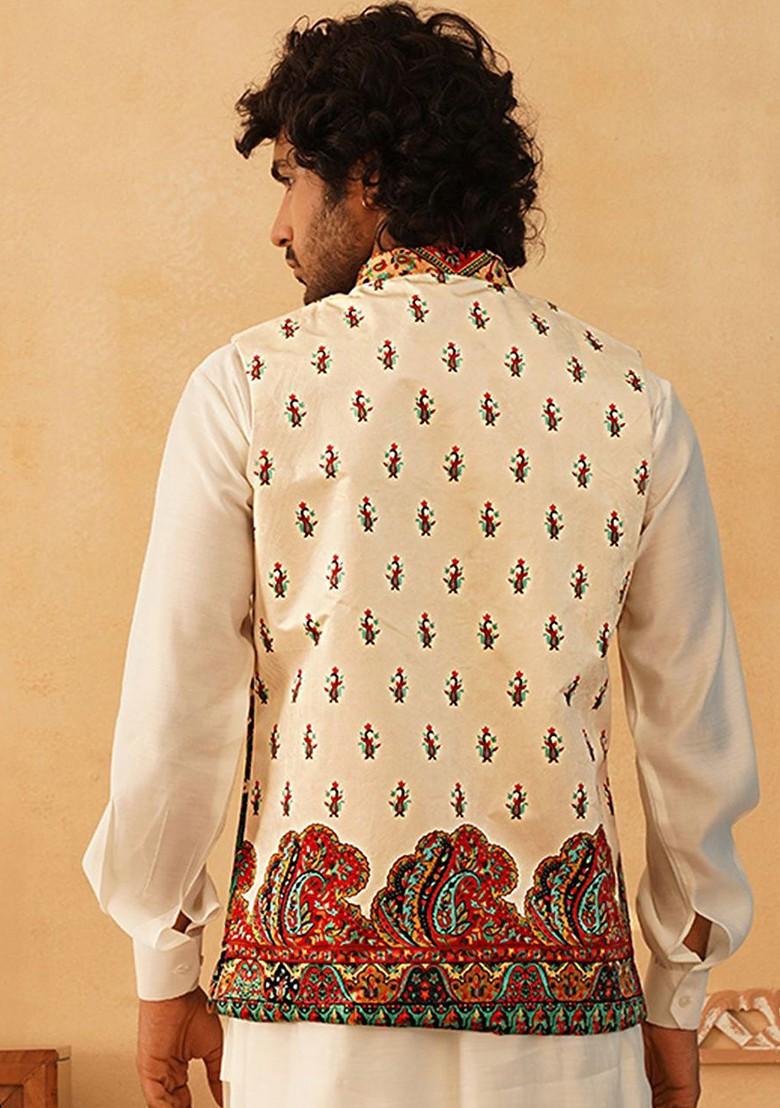 Cream Printed Poly Blend Nehru Jacket For Men