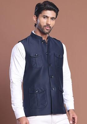 Navy Blue Embroidered Poly Blend Nehru Jacket For Men
