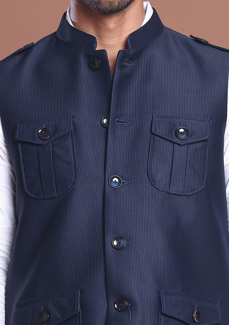 Navy Blue Embroidered Poly Blend Nehru Jacket For Men