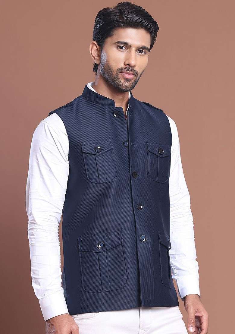 Navy Blue Embroidered Poly Blend Nehru Jacket For Men - Indya