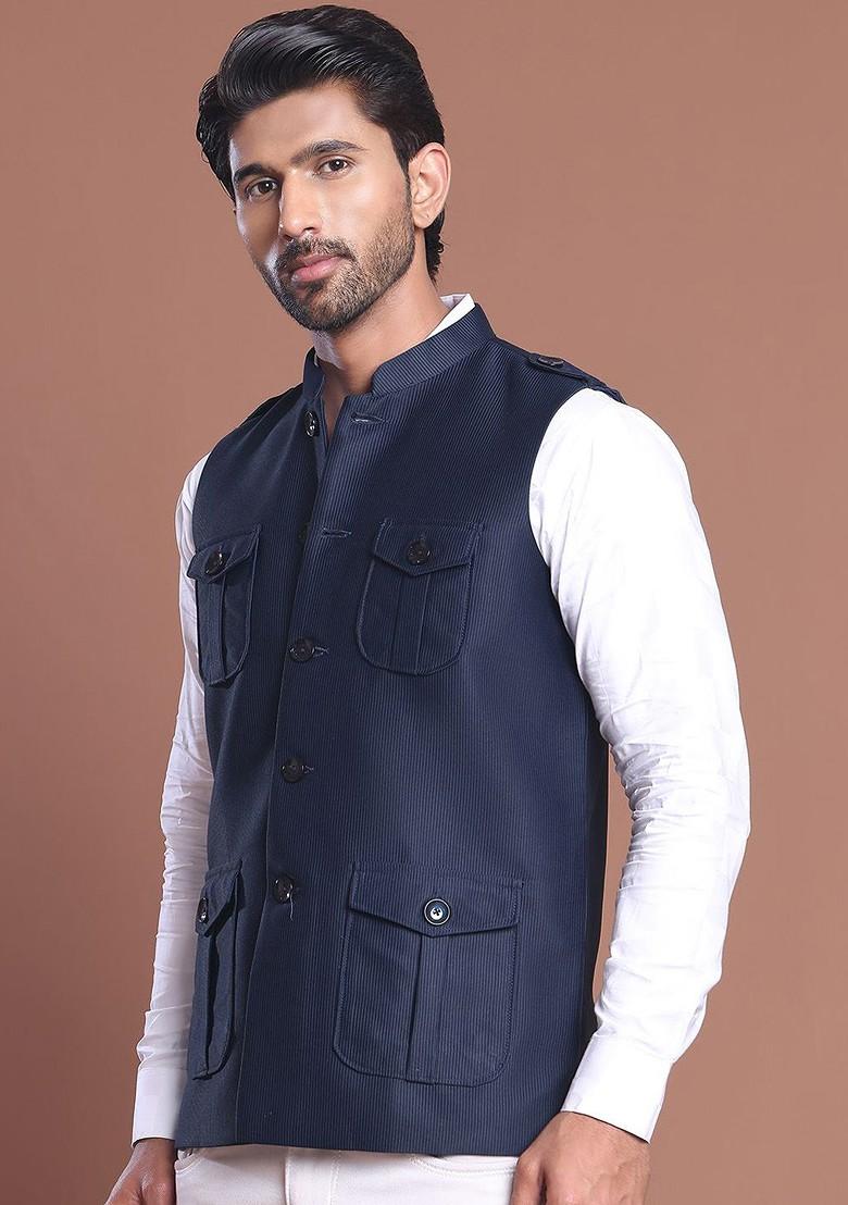 Navy Blue Embroidered Poly Blend Nehru Jacket For Men
