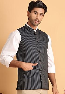 Navy Blue Woven Design Poly Blend Nehru Jacket For Men