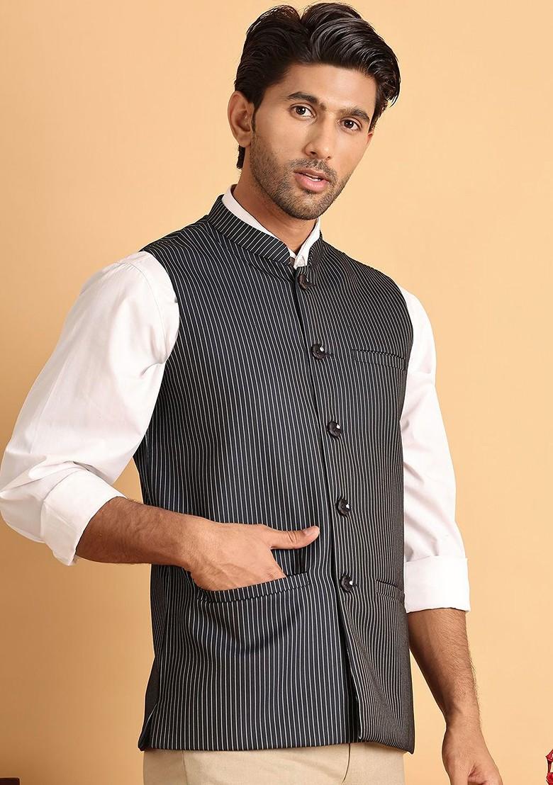Navy Blue Woven Design Poly Blend Nehru Jacket For Men
