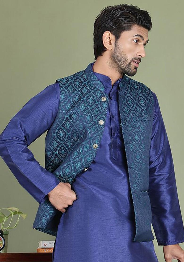 Navy Blue Woven Design Poly Blend Nehru Jacket For Men
