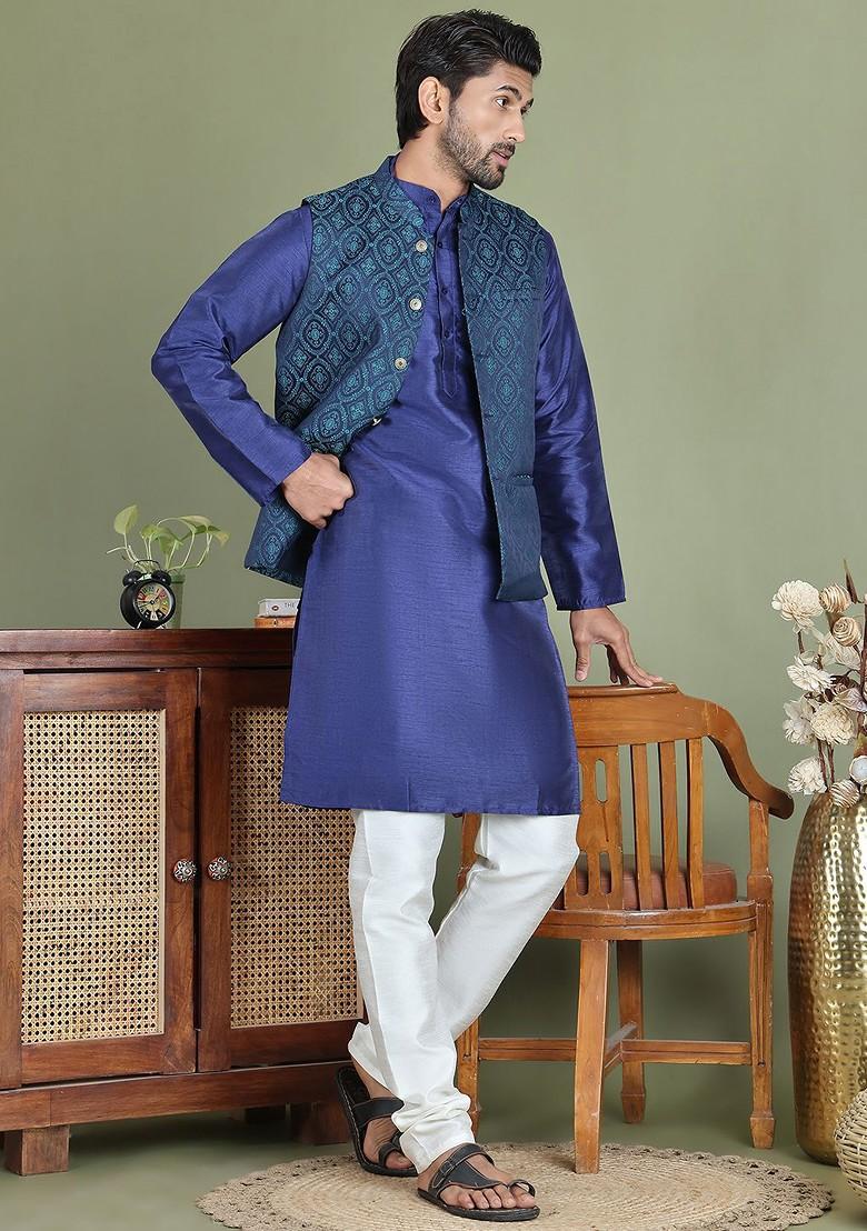 Navy Blue Woven Design Poly Blend Nehru Jacket For Men
