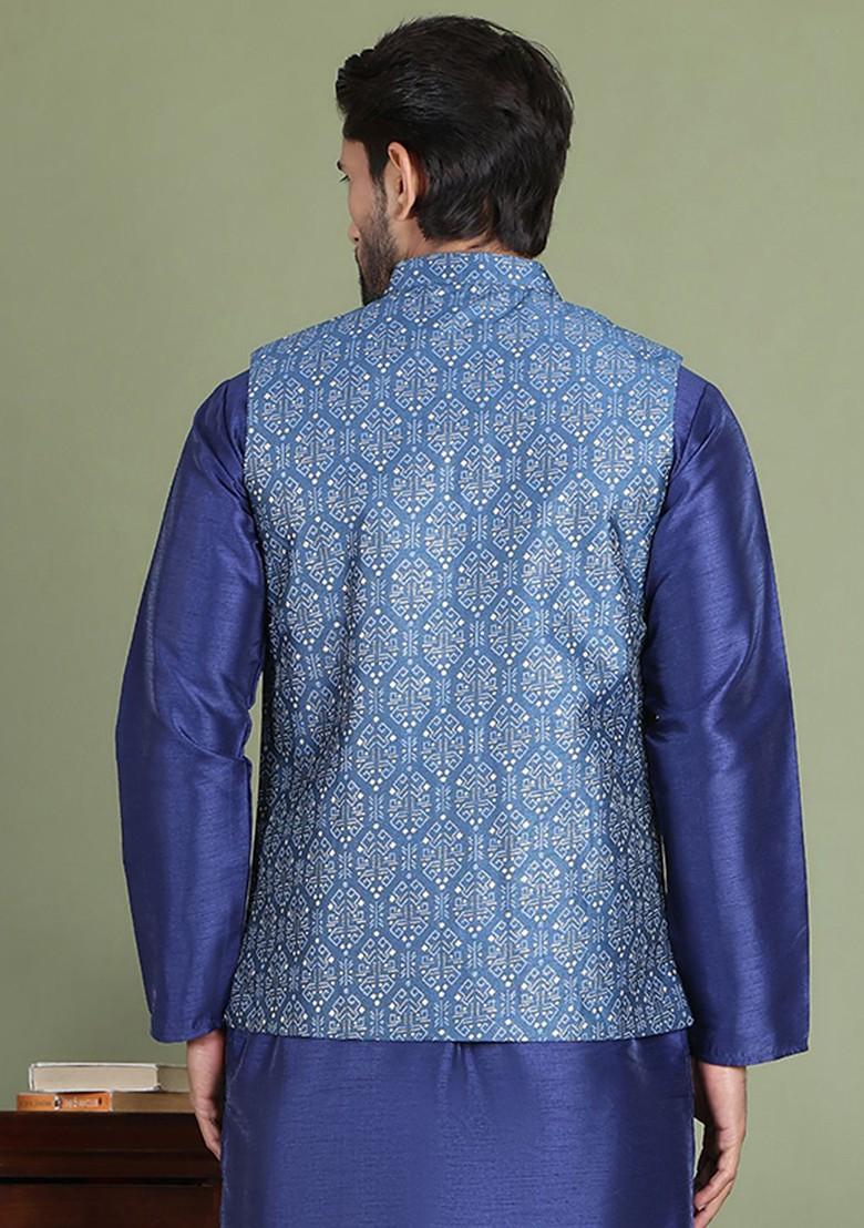 Blue Printed Poly Blend Nehru Jacket For Men