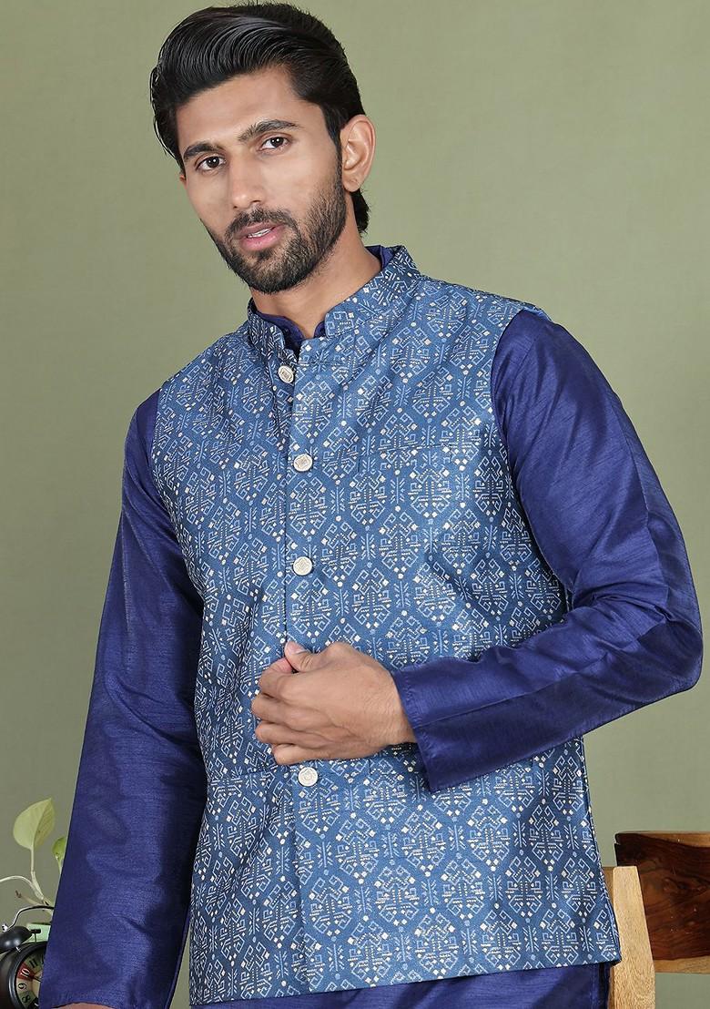 Blue Printed Poly Blend Nehru Jacket For Men