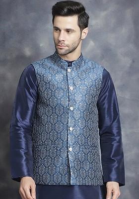 Navy Blue Printed Poly Blend Nehru Jacket For Men