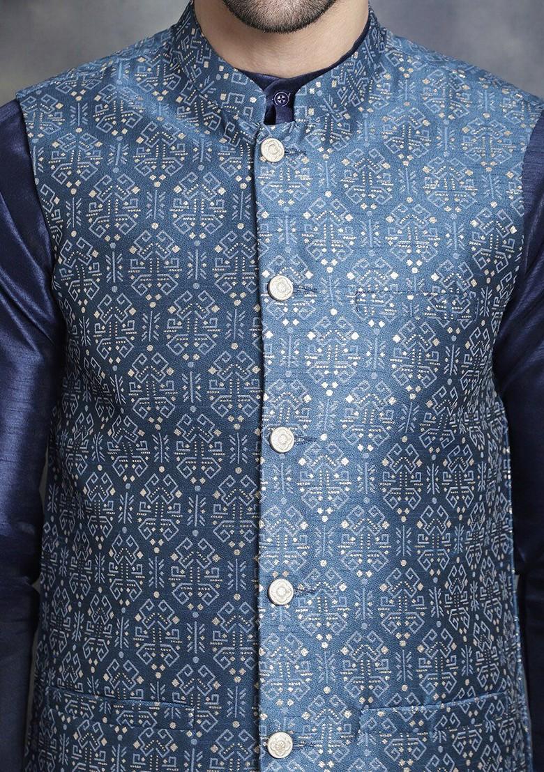 Navy Blue Printed Poly Blend Nehru Jacket For Men