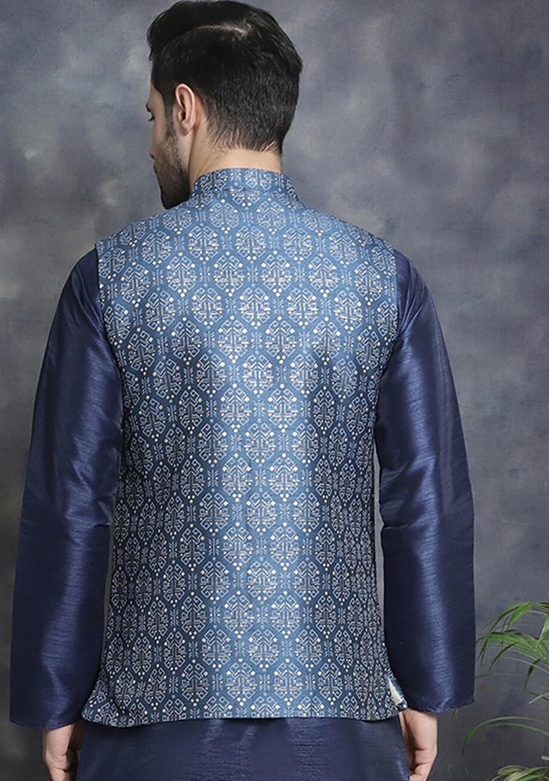 Navy Blue Printed Poly Blend Nehru Jacket For Men