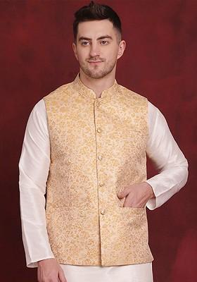 Gold Woven Design Poly Blend Nehru Jacket For Men