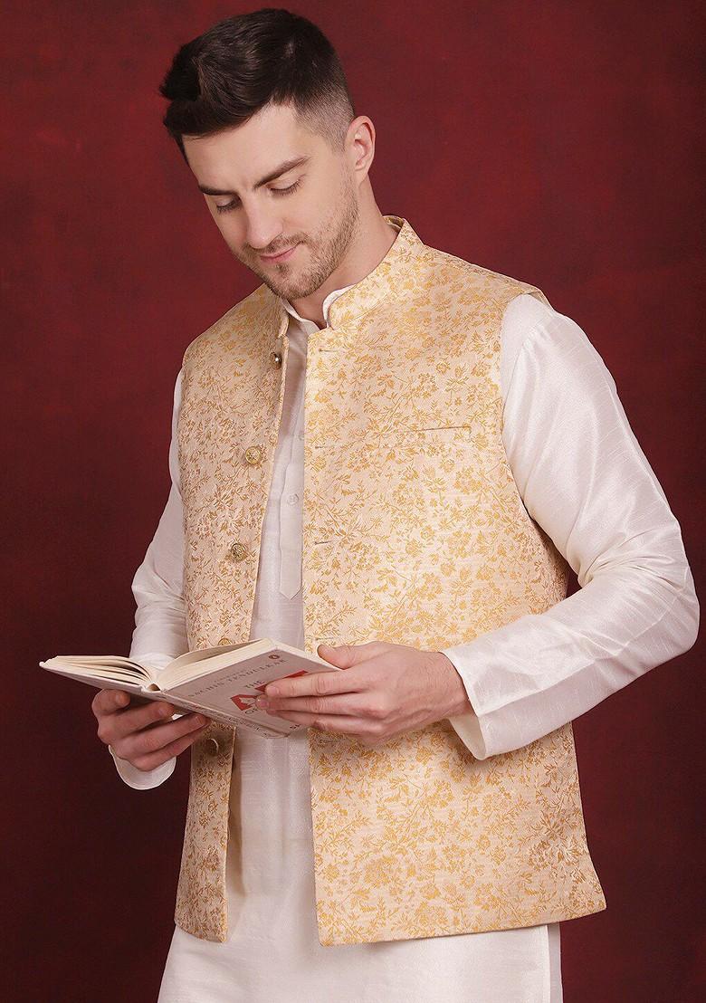 Gold Woven Design Poly Blend Nehru Jacket For Men