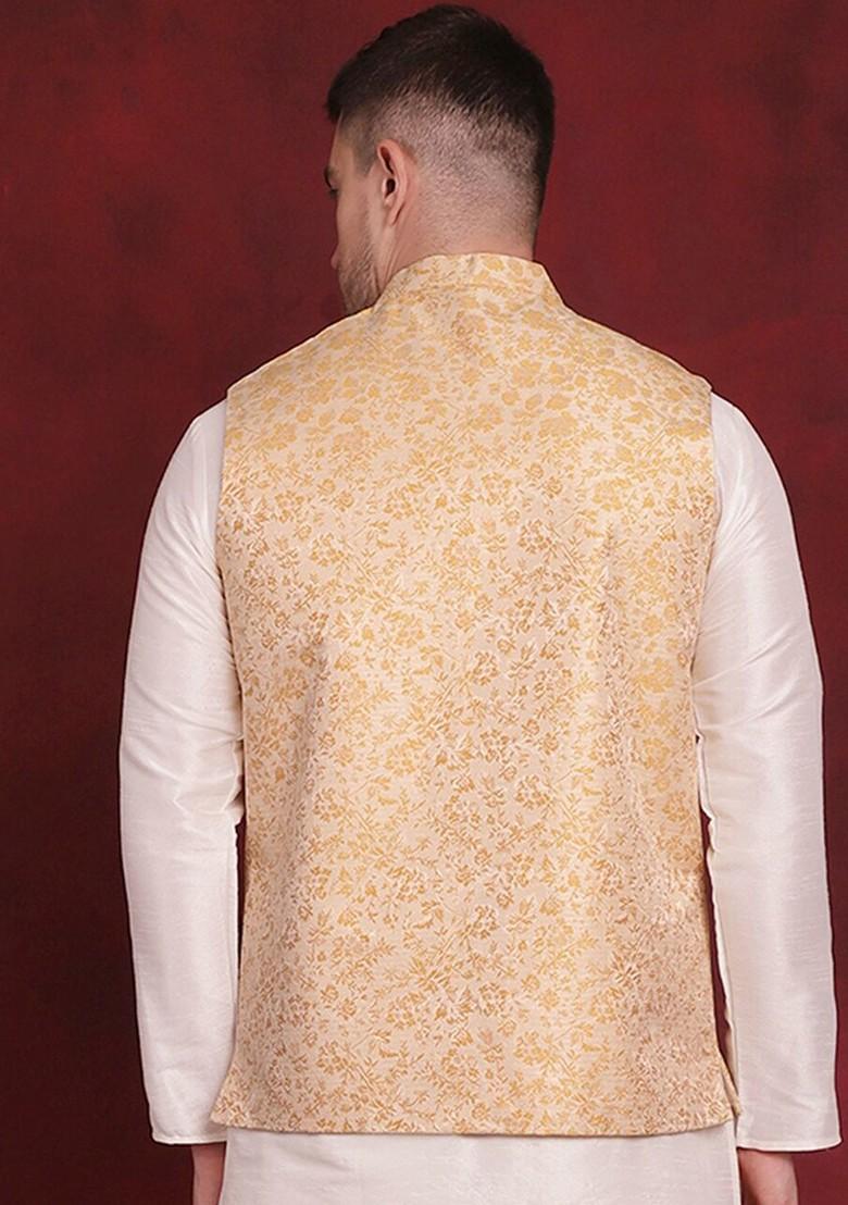 Gold Woven Design Poly Blend Nehru Jacket For Men