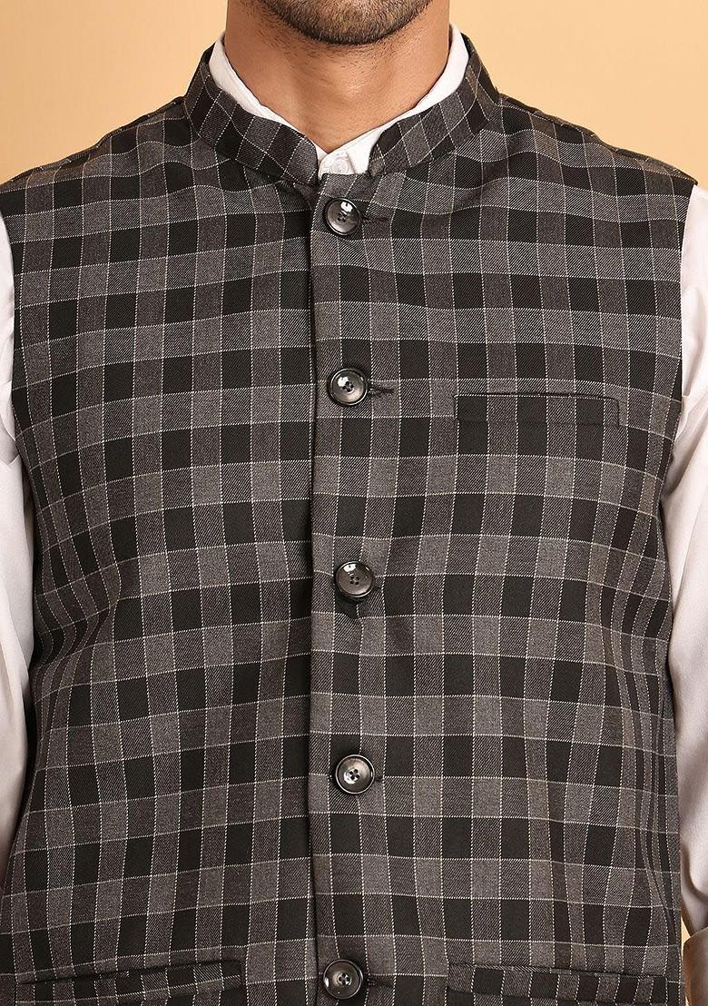 Grey Woven Design Poly Blend Nehru Jacket For Men