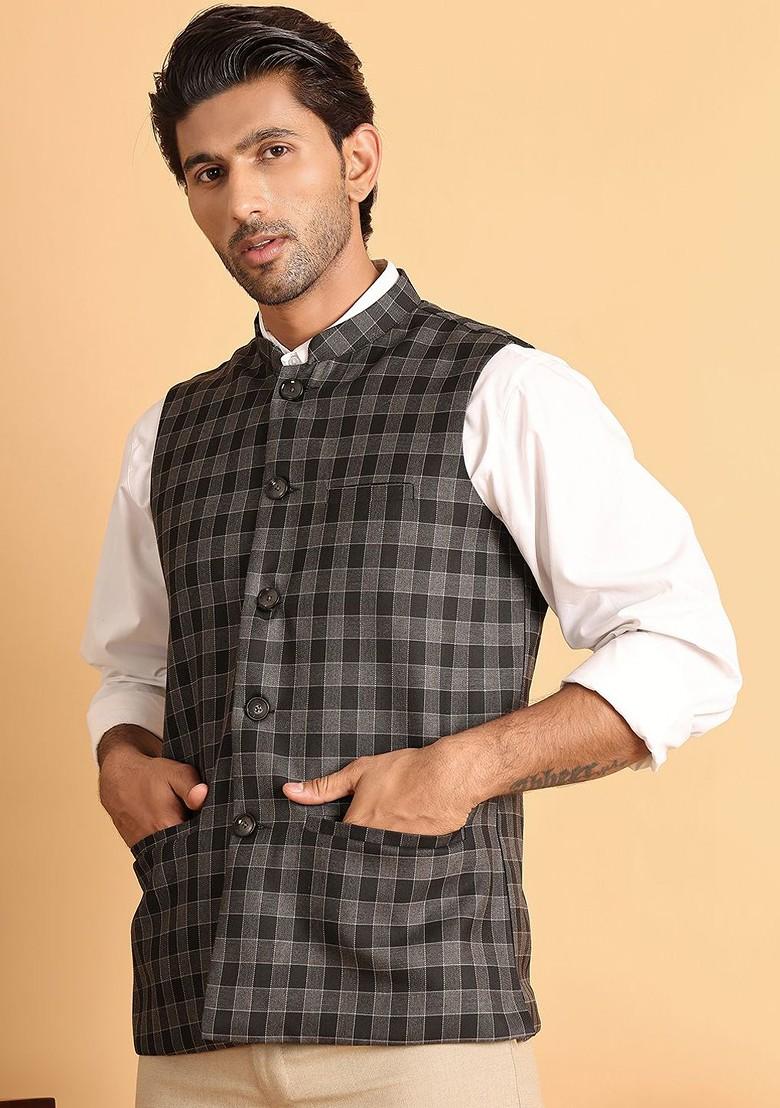 Grey Woven Design Poly Blend Nehru Jacket For Men