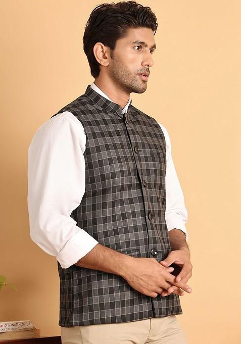 Grey Woven Design Poly Blend Nehru Jacket For Men — view on Indya