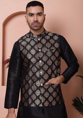 Black Printed Poly Blend Nehru Jacket For Men