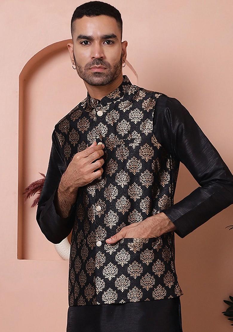 Black Printed Poly Blend Nehru Jacket For Men