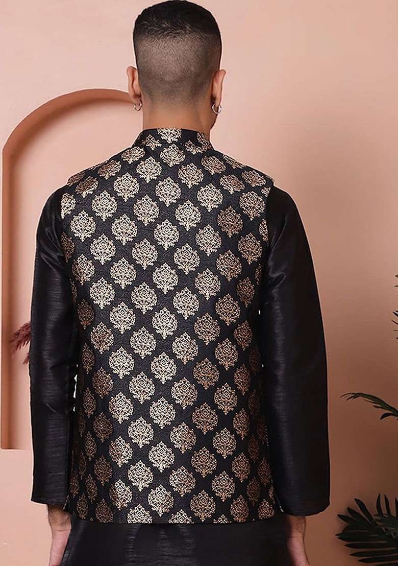 Black Printed Poly Blend Nehru Jacket For Men - Indya