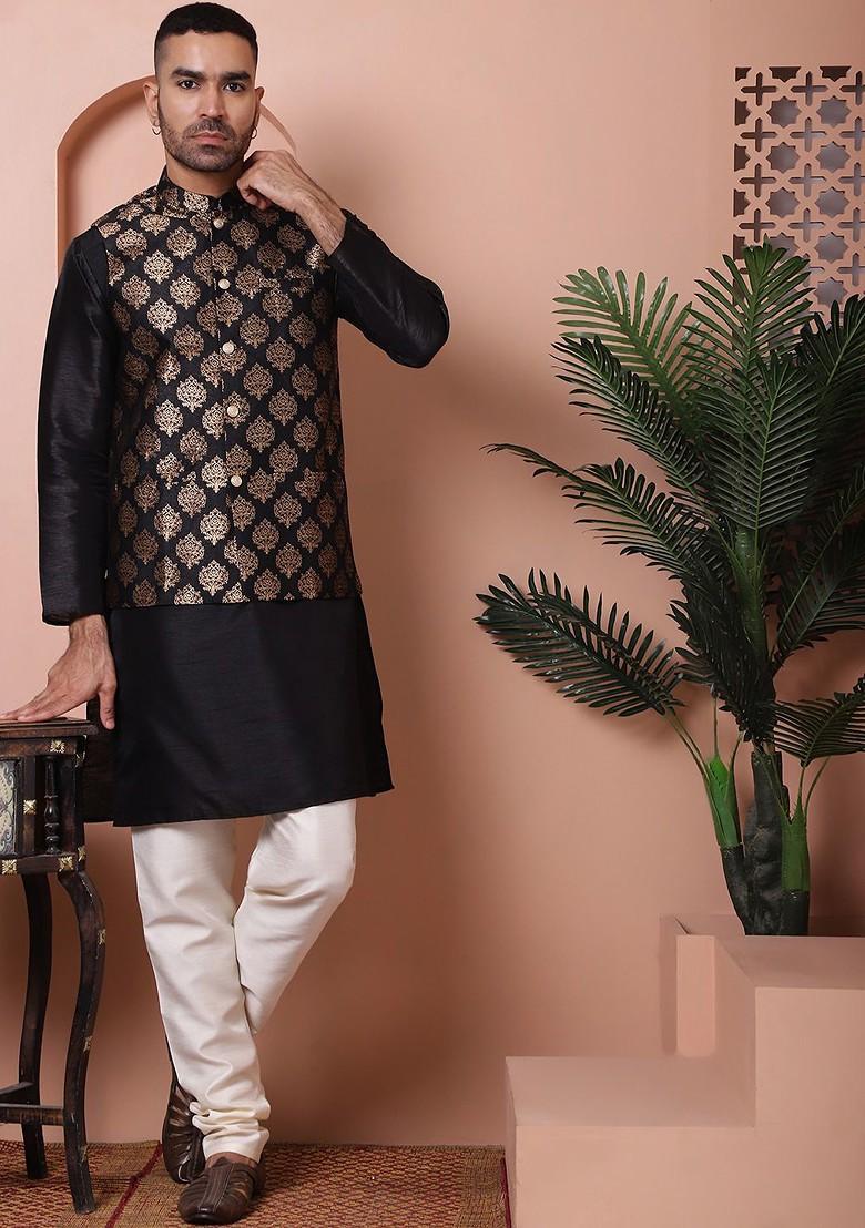 Black Printed Poly Blend Nehru Jacket For Men