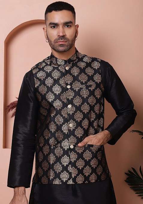 Black Printed Poly Blend Nehru Jacket For Men