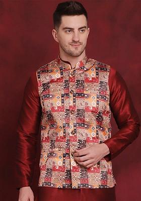 Beige Printed Poly Blend Nehru Jacket For Men