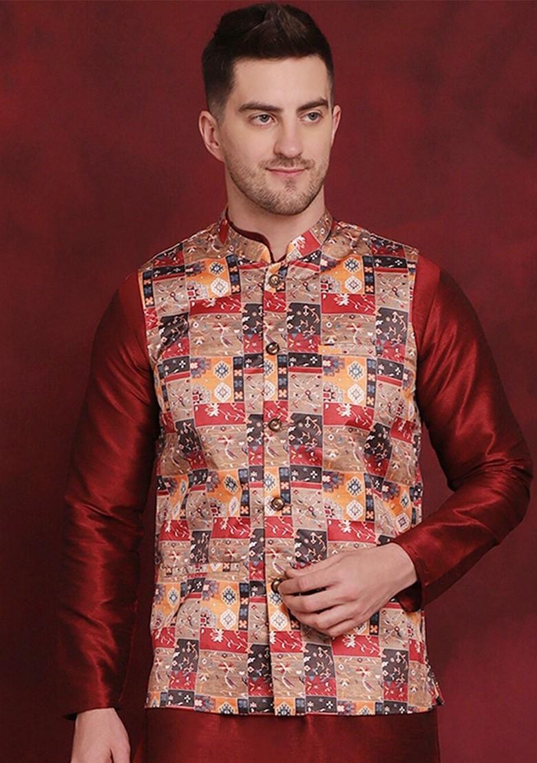 Beige Printed Poly Blend Nehru Jacket For Men