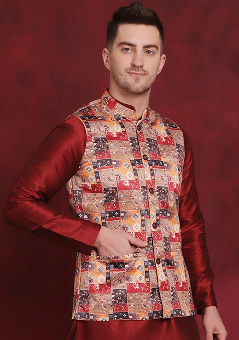 Beige Printed Poly Blend Nehru Jacket For Men