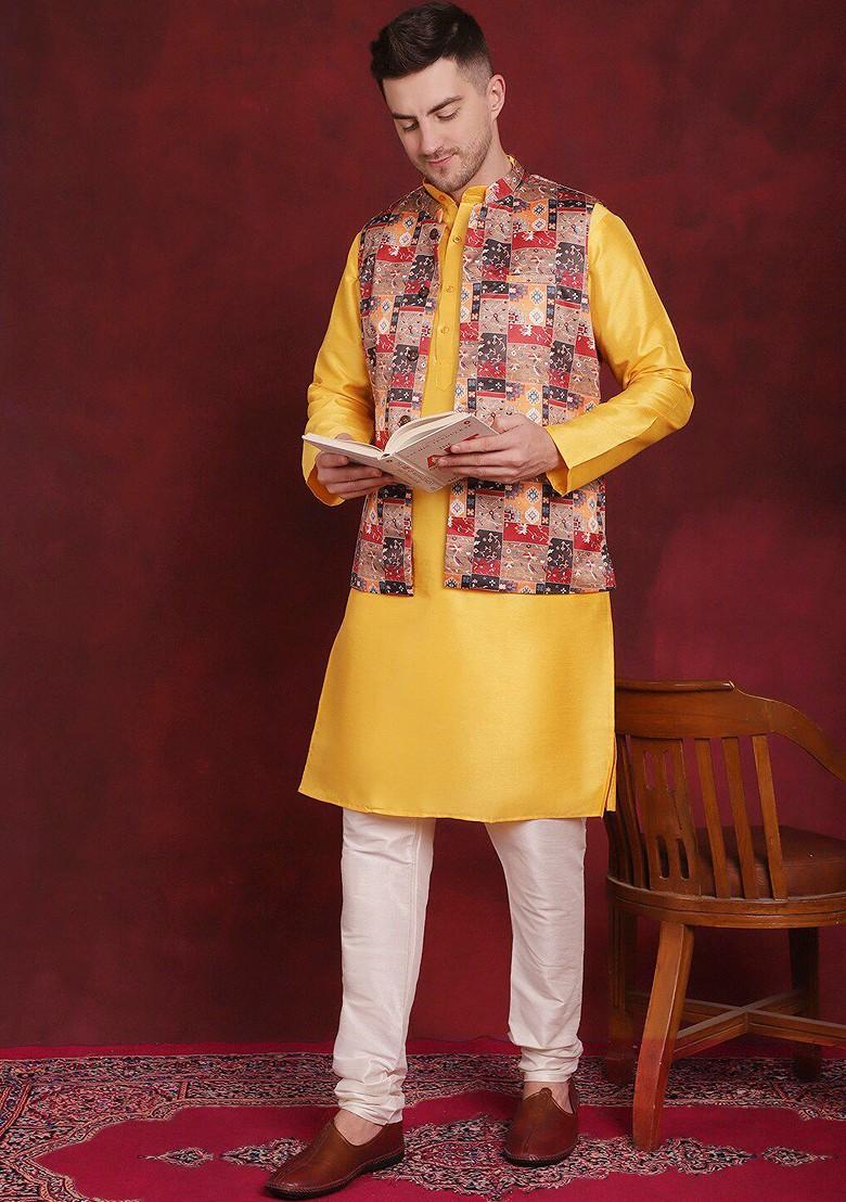 Red Printed Poly Blend Nehru Jacket For Men