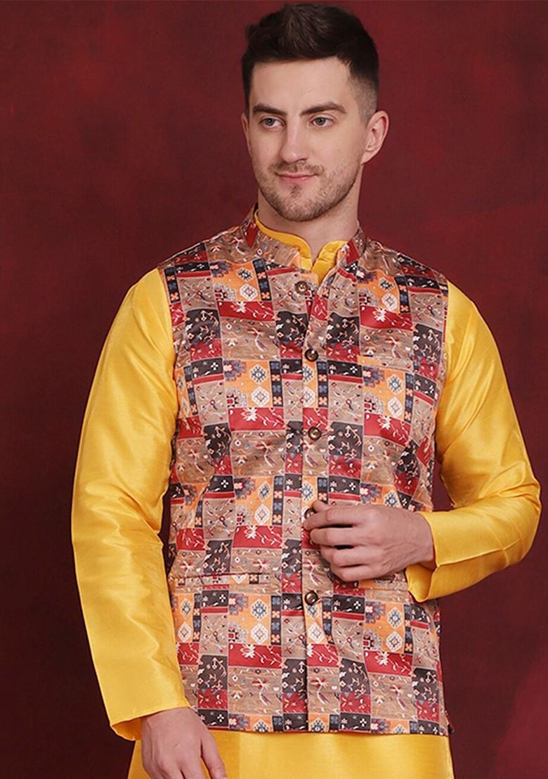 Red Printed Poly Blend Nehru Jacket For Men