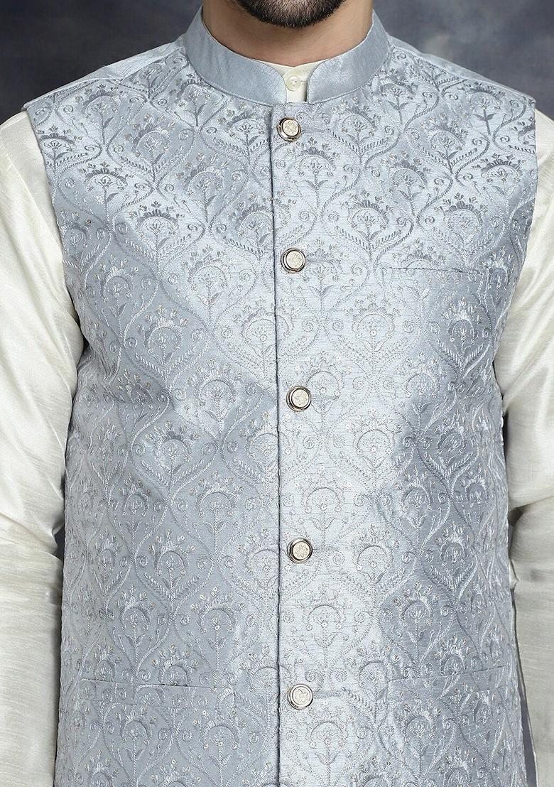 Grey Embroidered Poly Blend Nehru Jacket For Men