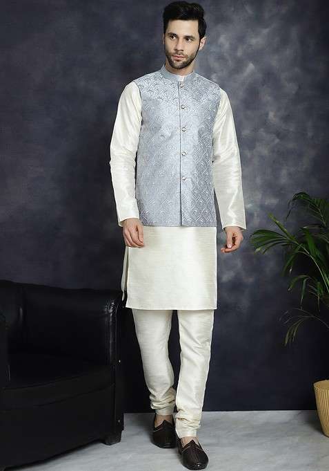 Grey Embroidered Poly Blend Nehru Jacket For Men