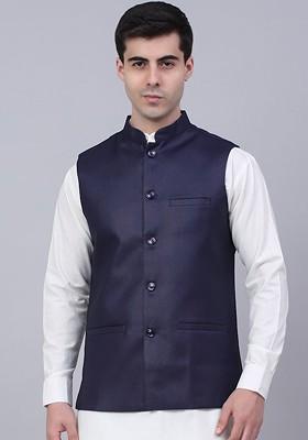 Navy Blue Embroidered Poly Blend Nehru Jacket For Men