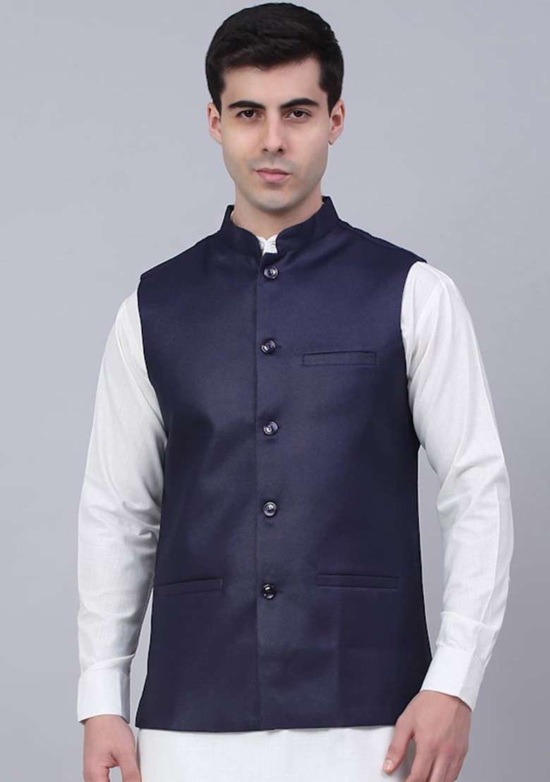 Navy Blue Embroidered Poly Blend Nehru Jacket For Men - Indya