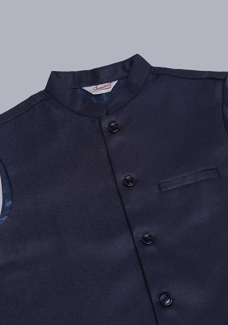Navy Blue Embroidered Poly Blend Nehru Jacket For Men