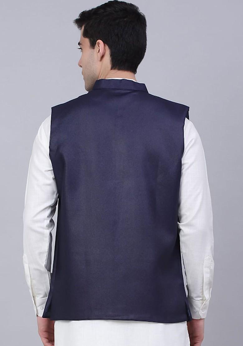 Navy Blue Embroidered Poly Blend Nehru Jacket For Men