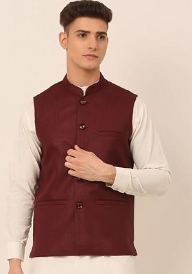 Maroon Embroidered Poly Blend Nehru Jacket For Men