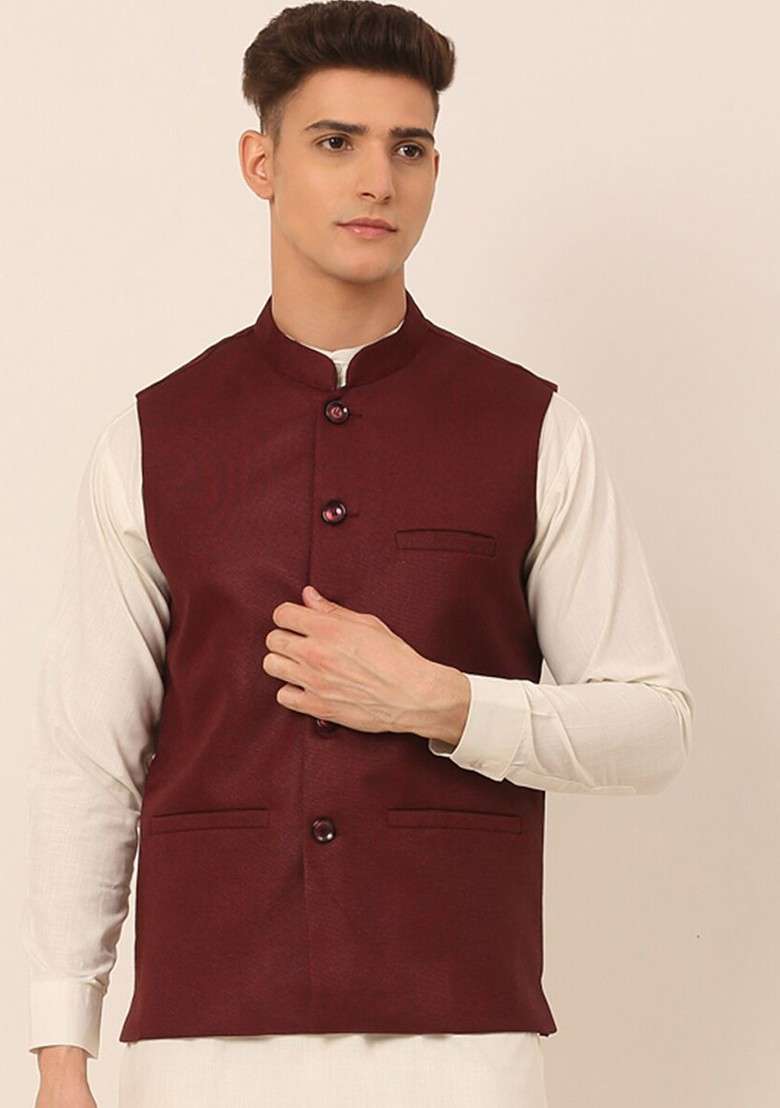 Maroon Embroidered Poly Blend Nehru Jacket For Men - Indya