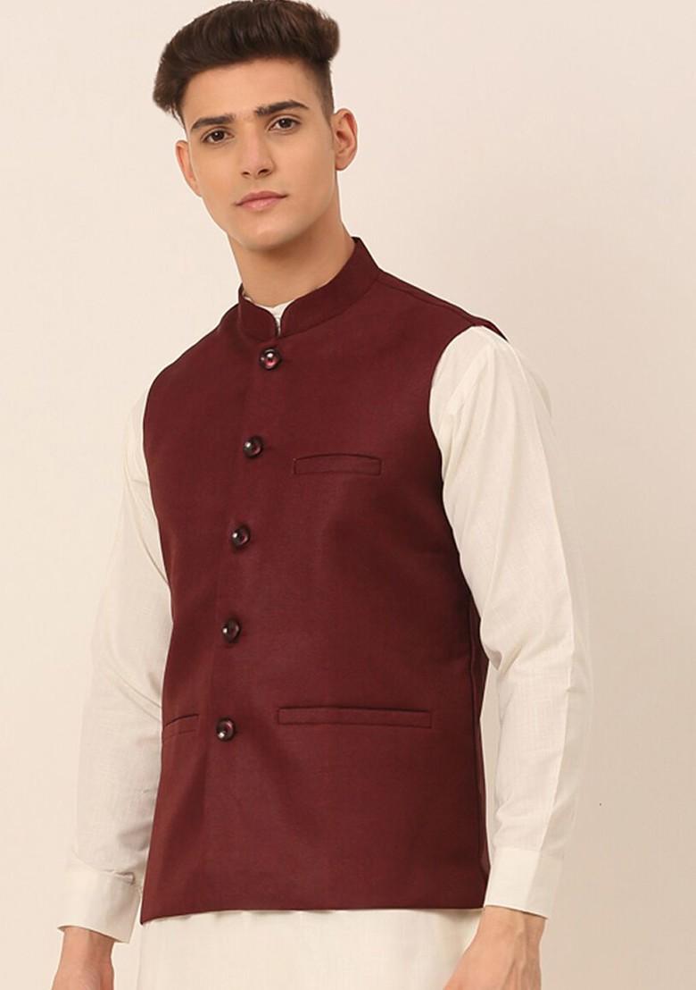 Maroon Embroidered Poly Blend Nehru Jacket For Men