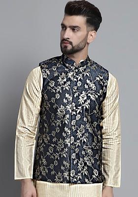 Grey Woven Design Poly Blend Nehru Jacket For Men