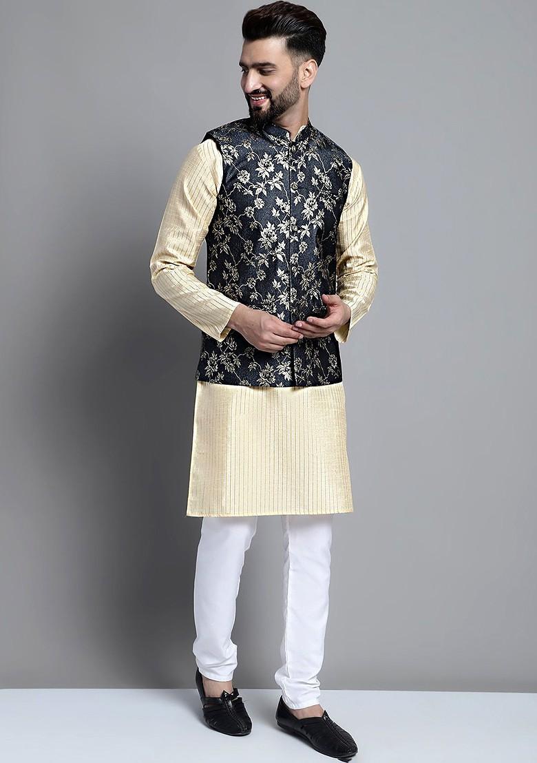 Grey Woven Design Poly Blend Nehru Jacket For Men