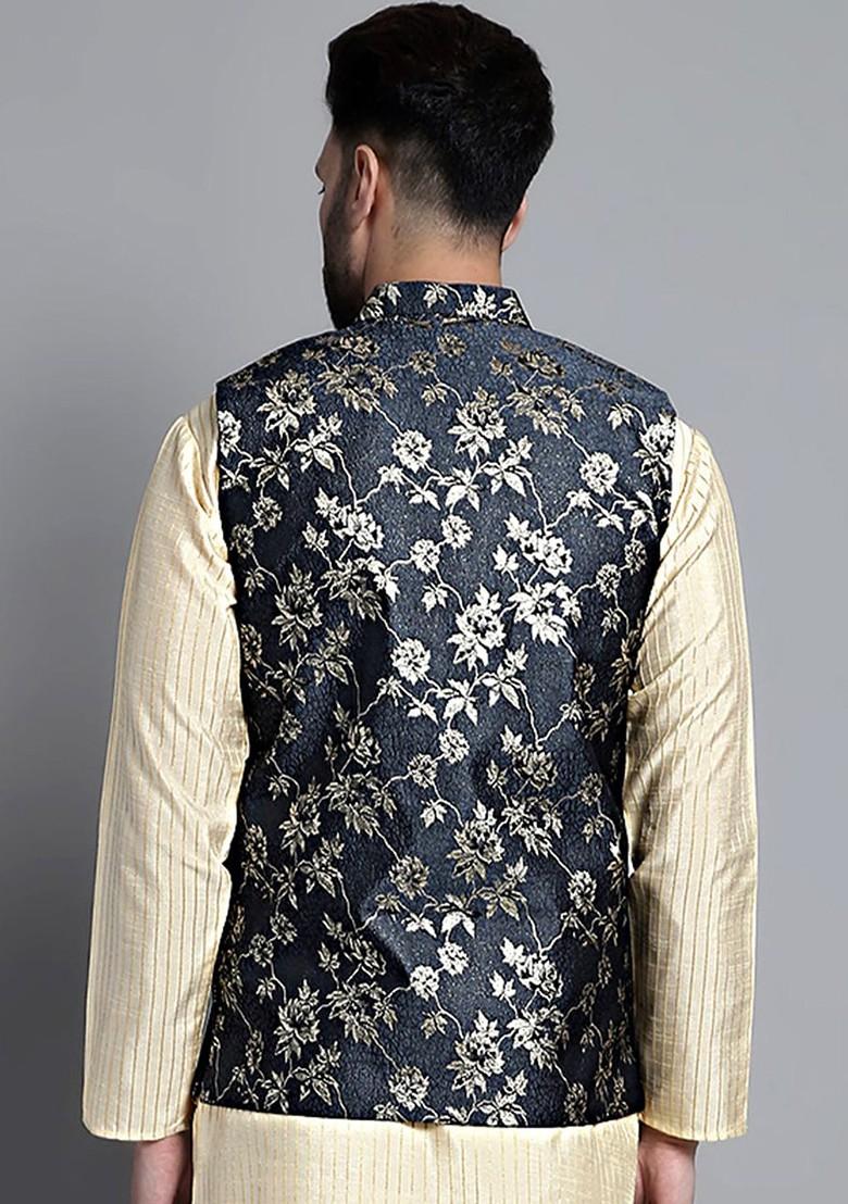 Grey Woven Design Poly Blend Nehru Jacket For Men