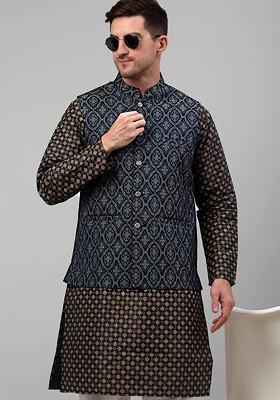 Blue Printed Poly Blend Nehru Jacket For Men