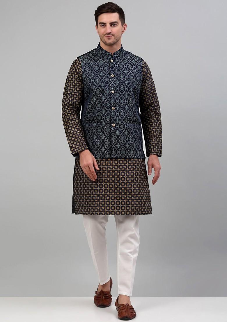 Blue Printed Poly Blend Nehru Jacket For Men