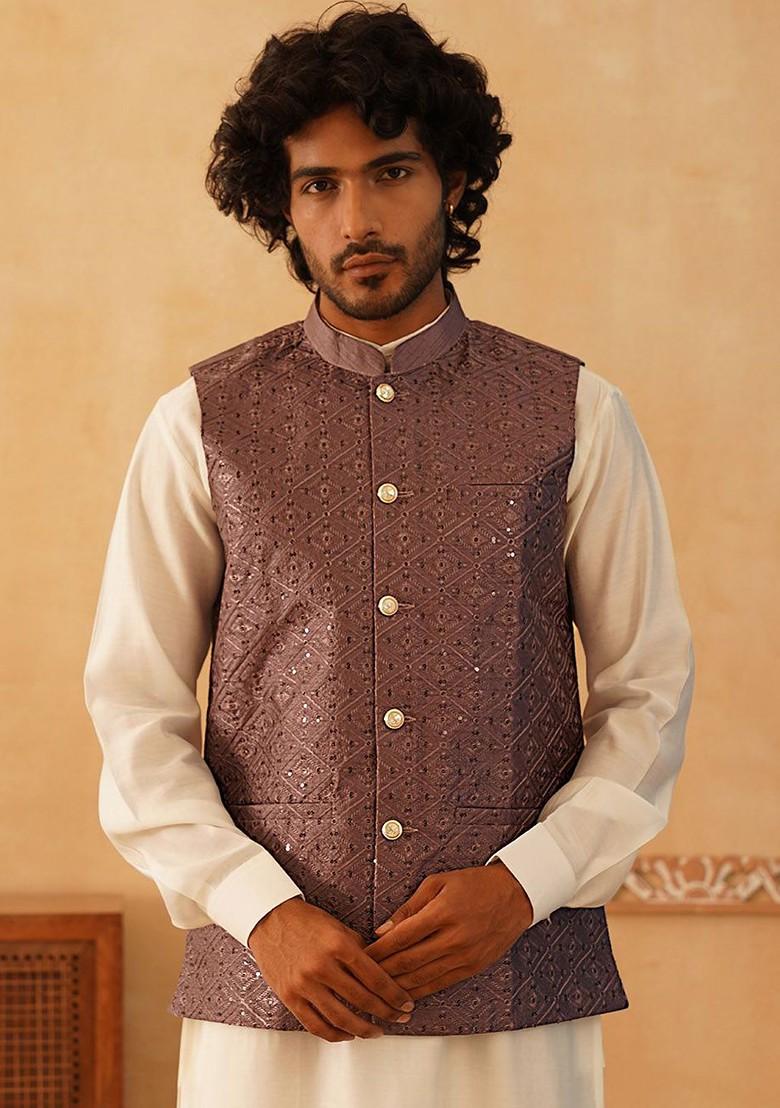 Purple Embroidered Poly Blend Nehru Jacket For Men