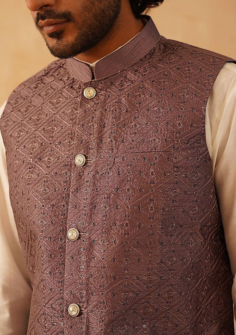 Purple Embroidered Poly Blend Nehru Jacket For Men