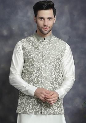Green Embroidered Poly Blend Nehru Jacket For Men