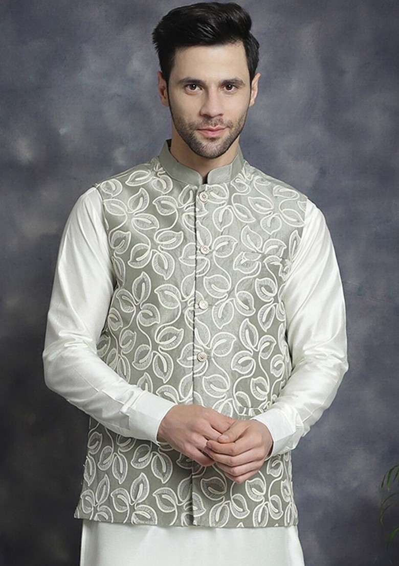 Green Embroidered Poly Blend Nehru Jacket For Men - Indya