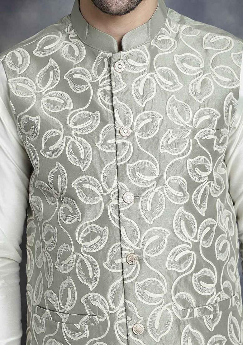 Green Embroidered Poly Blend Nehru Jacket For Men