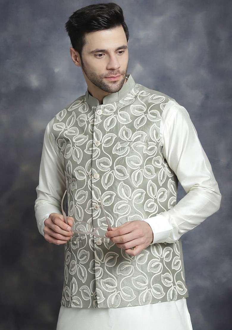 Green Embroidered Poly Blend Nehru Jacket For Men - Indya